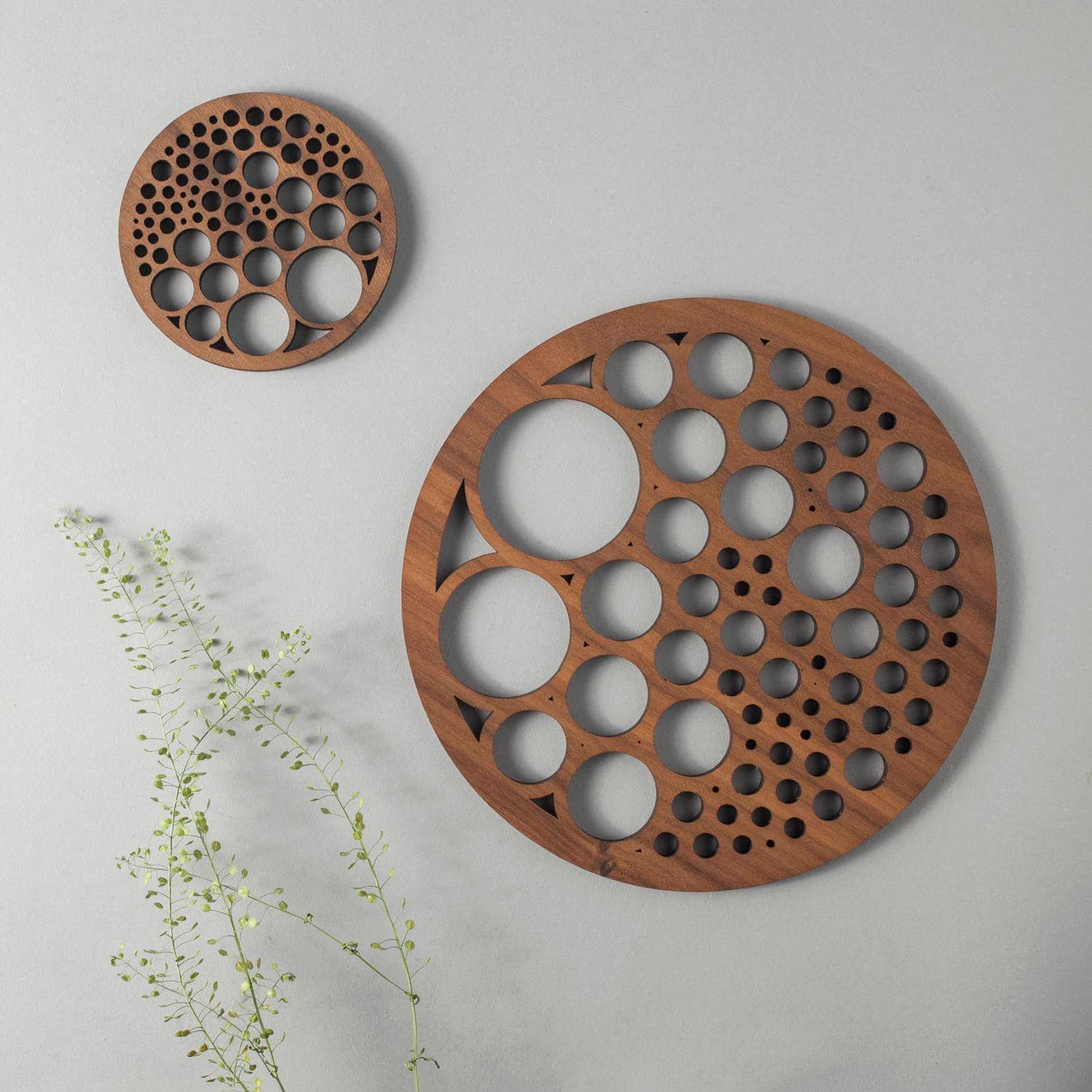 Bubbles drinks coasters in genuine walnut, geometry, circle packing