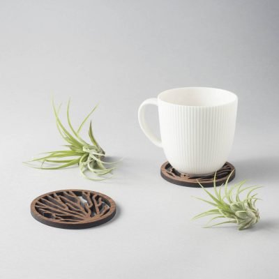 Coral pattern walnut drinks coasters, underwater nature design
