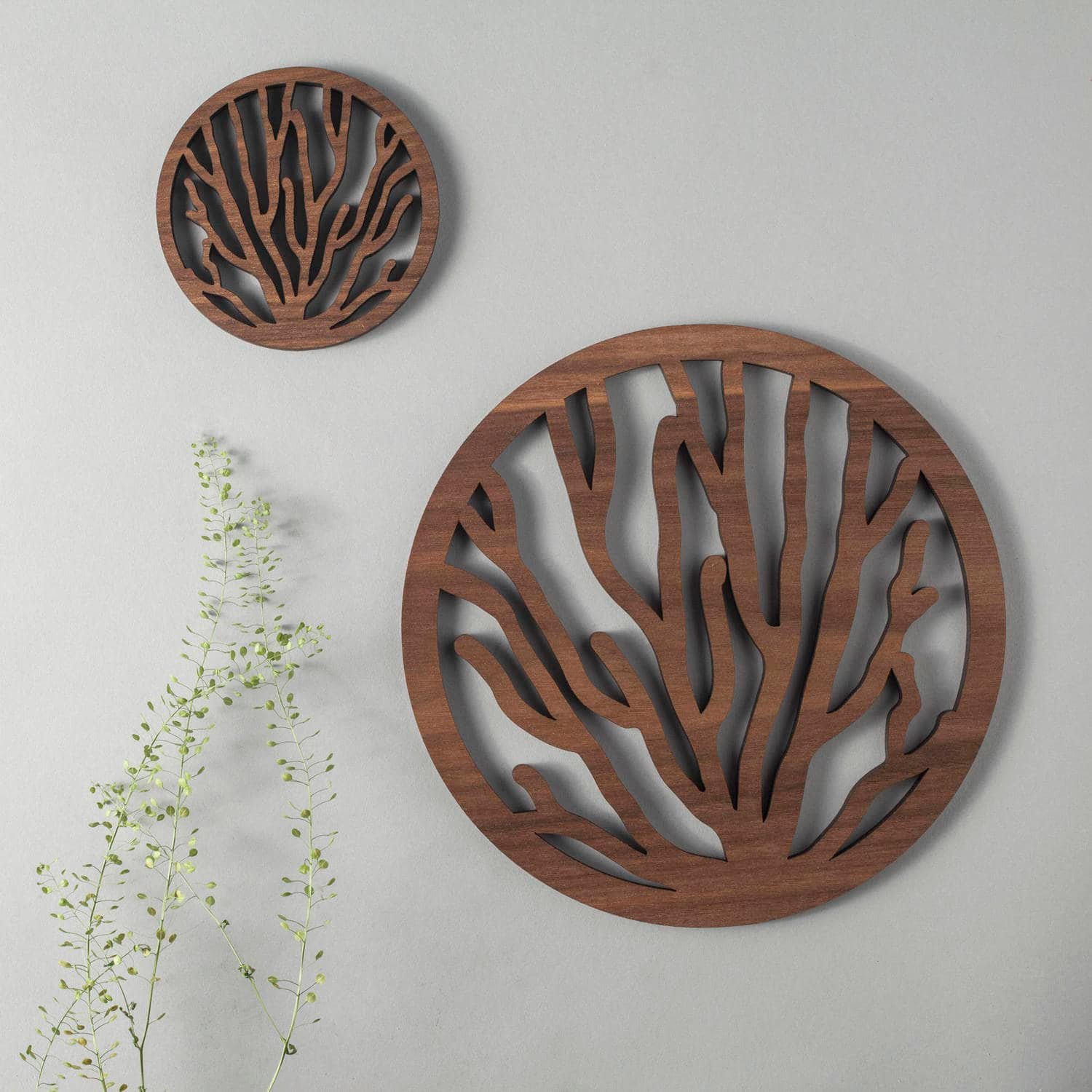 Coral pattern walnut drinks coasters, underwater nature design