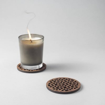 Moroccan pattern walnut drinks coasters, geometric