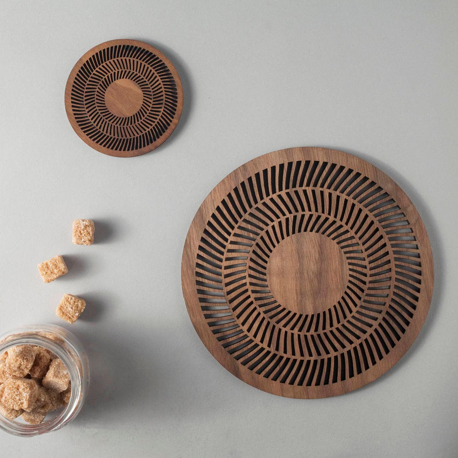 Op Art walnut drinks coasters, op-art